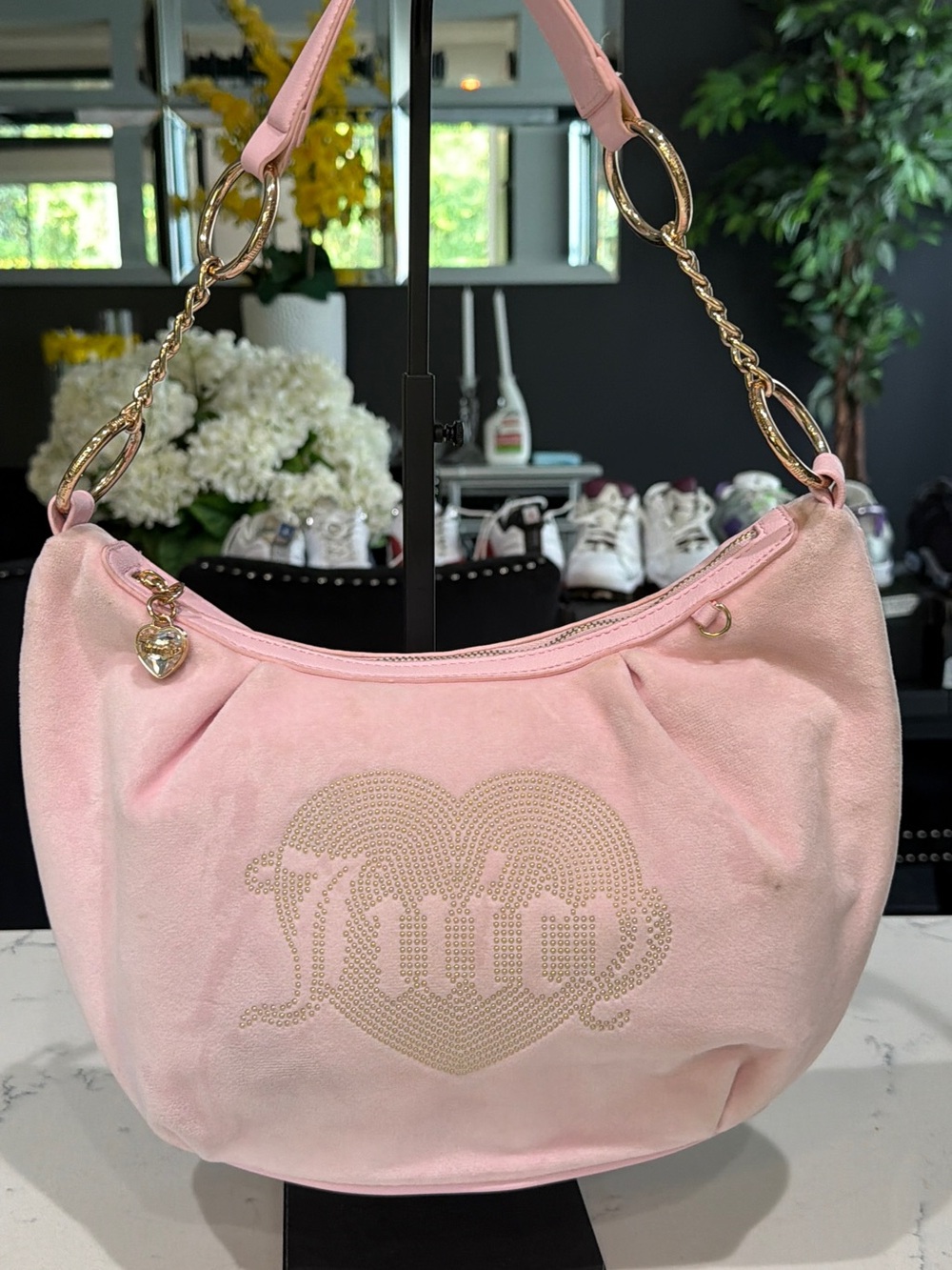 Juicy Couture Blush Pink Heart Logo Shoulder Bag with Gold Accents